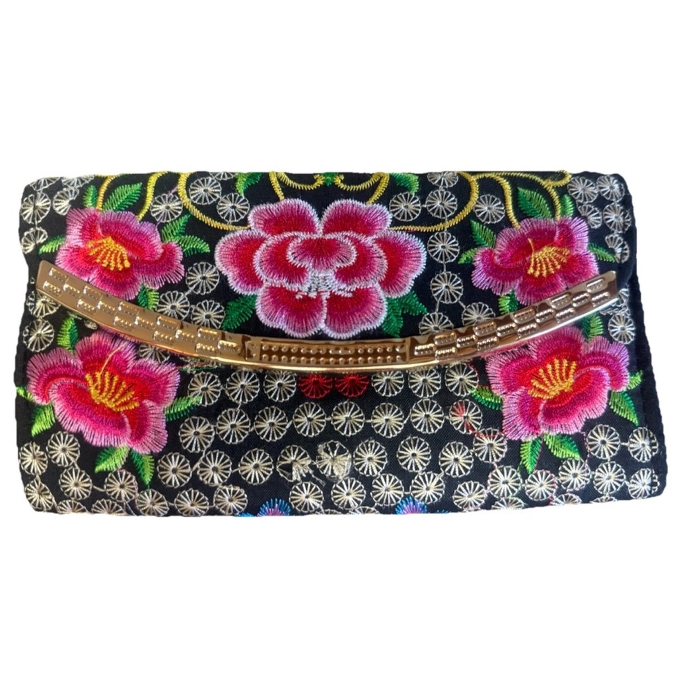Floral Embroidered Clutch - Black and Pink